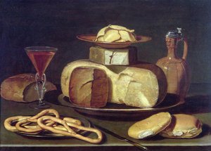 Natura morta con pane, formaggio, vino e pretzel